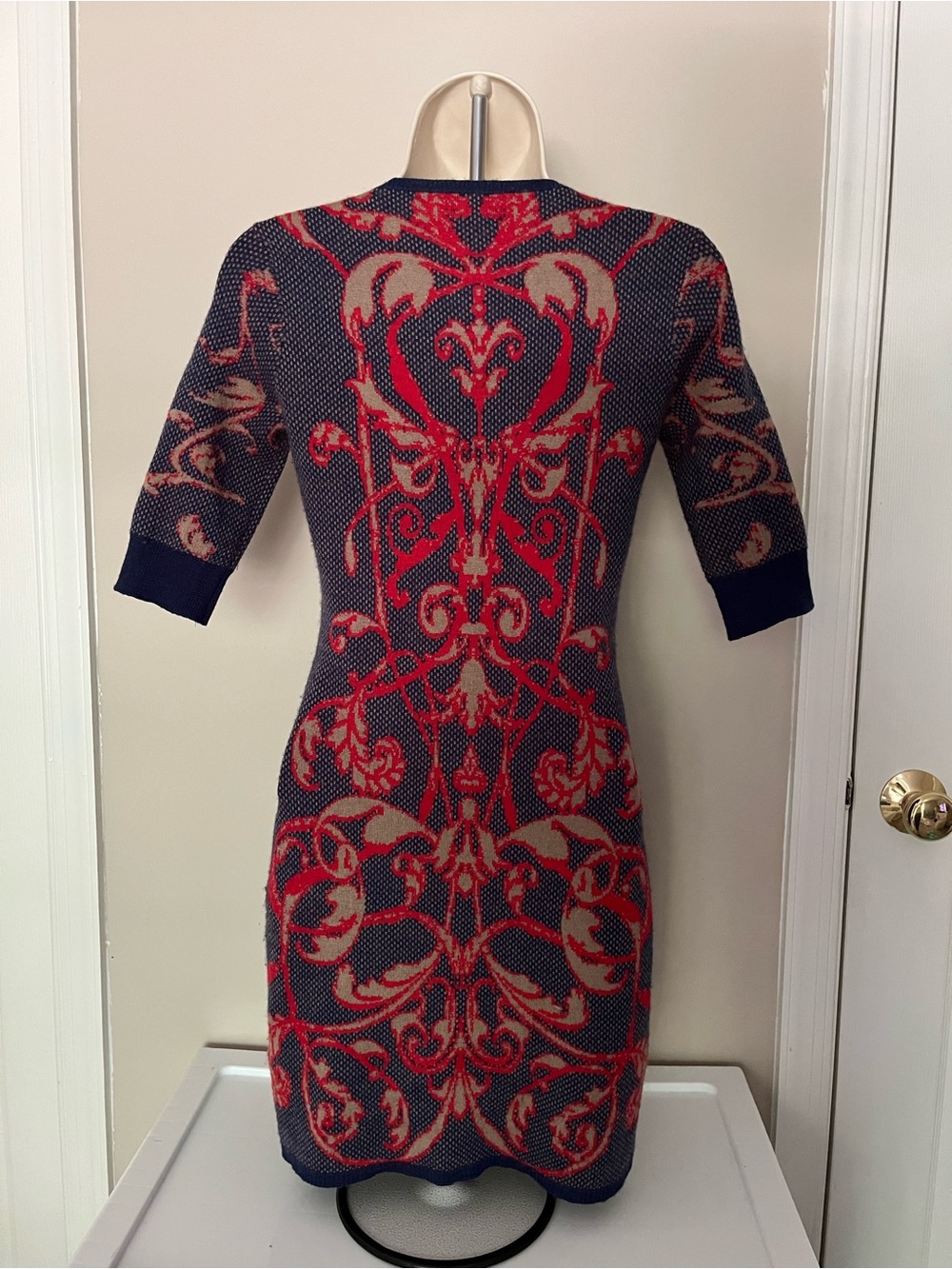 Supertrash Navy Dress with Red Baroque Motif Bodycon Sweater Dress - Picture 2 of 6
